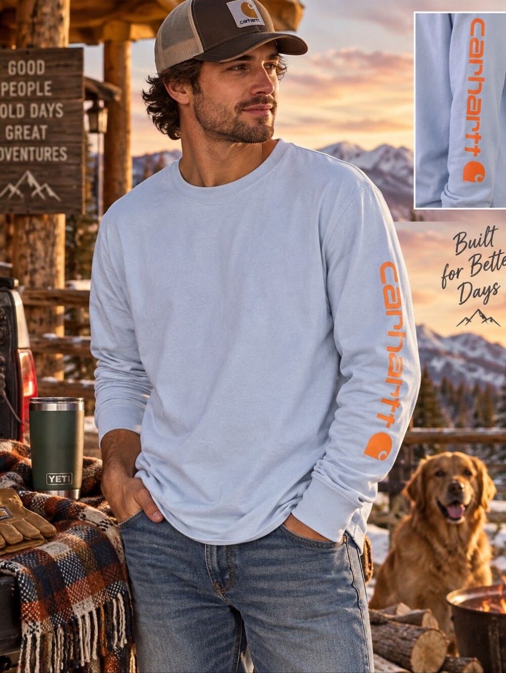 Carhartt Loose Fit Long Sleeve Logo T-Shirt Light Blue Orange Size S